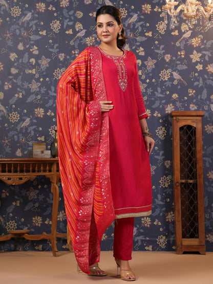 Pink Thread Work Pure Silk Straight Kurta & Trouser With Dupatta - Buy Best Ethnic Wear for Women & Girls | Daily Woman - 