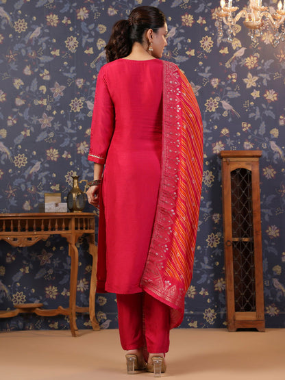 Pink Thread Work Pure Silk Straight Kurta & Trouser With Dupatta - Buy Best Ethnic Wear for Women & Girls | Daily Woman - 