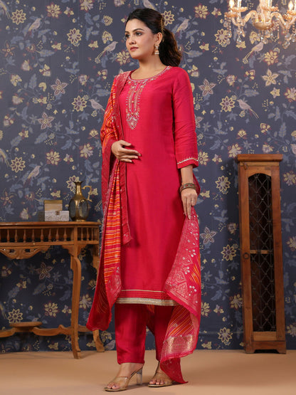 Pink Thread Work Pure Silk Straight Kurta & Trouser With Dupatta - Buy Best Ethnic Wear for Women & Girls | Daily Woman - 