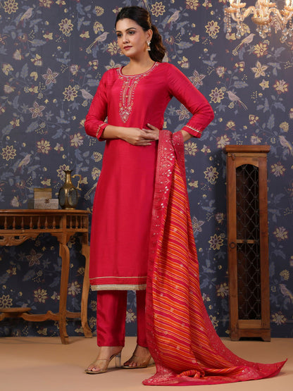 Pink Thread Work Pure Silk Straight Kurta & Trouser With Dupatta - Buy Best Ethnic Wear for Women & Girls | Daily Woman - 