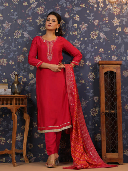 Pink Thread Work Pure Silk Straight Kurta & Trouser With Dupatta - Buy Best Ethnic Wear for Women & Girls | Daily Woman - 