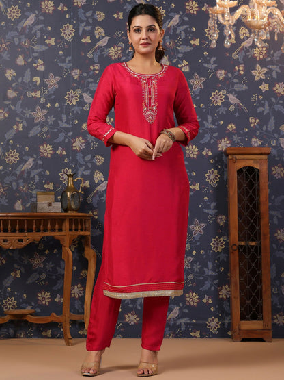 Pink Thread Work Pure Silk Straight Kurta & Trouser With Dupatta - Buy Best Ethnic Wear for Women & Girls | Daily Woman - 