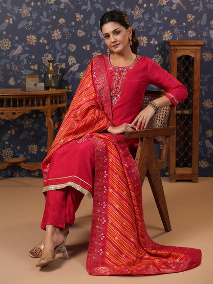 Pink Thread Work Pure Silk Straight Kurta & Trouser With Dupatta - Buy Best Ethnic Wear for Women & Girls | Daily Woman - 