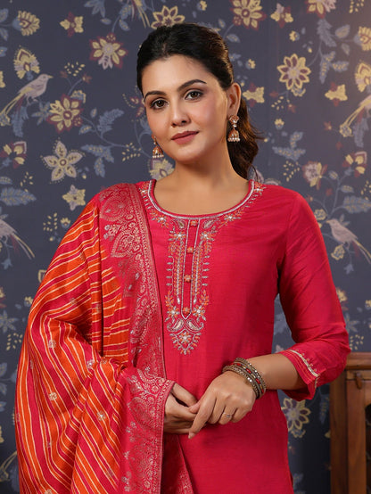 Pink Thread Work Pure Silk Straight Kurta & Trouser With Dupatta - Buy Best Ethnic Wear for Women & Girls | Daily Woman - 