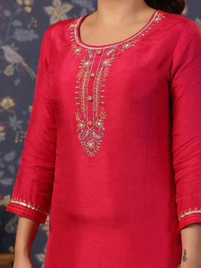 Pink Thread Work Pure Silk Straight Kurta & Trouser With Dupatta - Buy Best Ethnic Wear for Women & Girls | Daily Woman - 