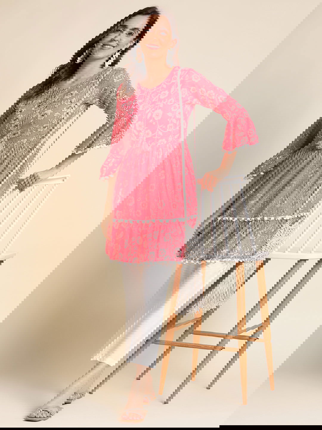 Pink & White Floral Printed A-Line Kurta - Buy Best Ethnic Wear for Women & Girls | Daily Woman - 