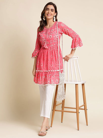 Pink & White Floral Printed A-Line Kurta - Buy Best Ethnic Wear for Women & Girls | Daily Woman - 