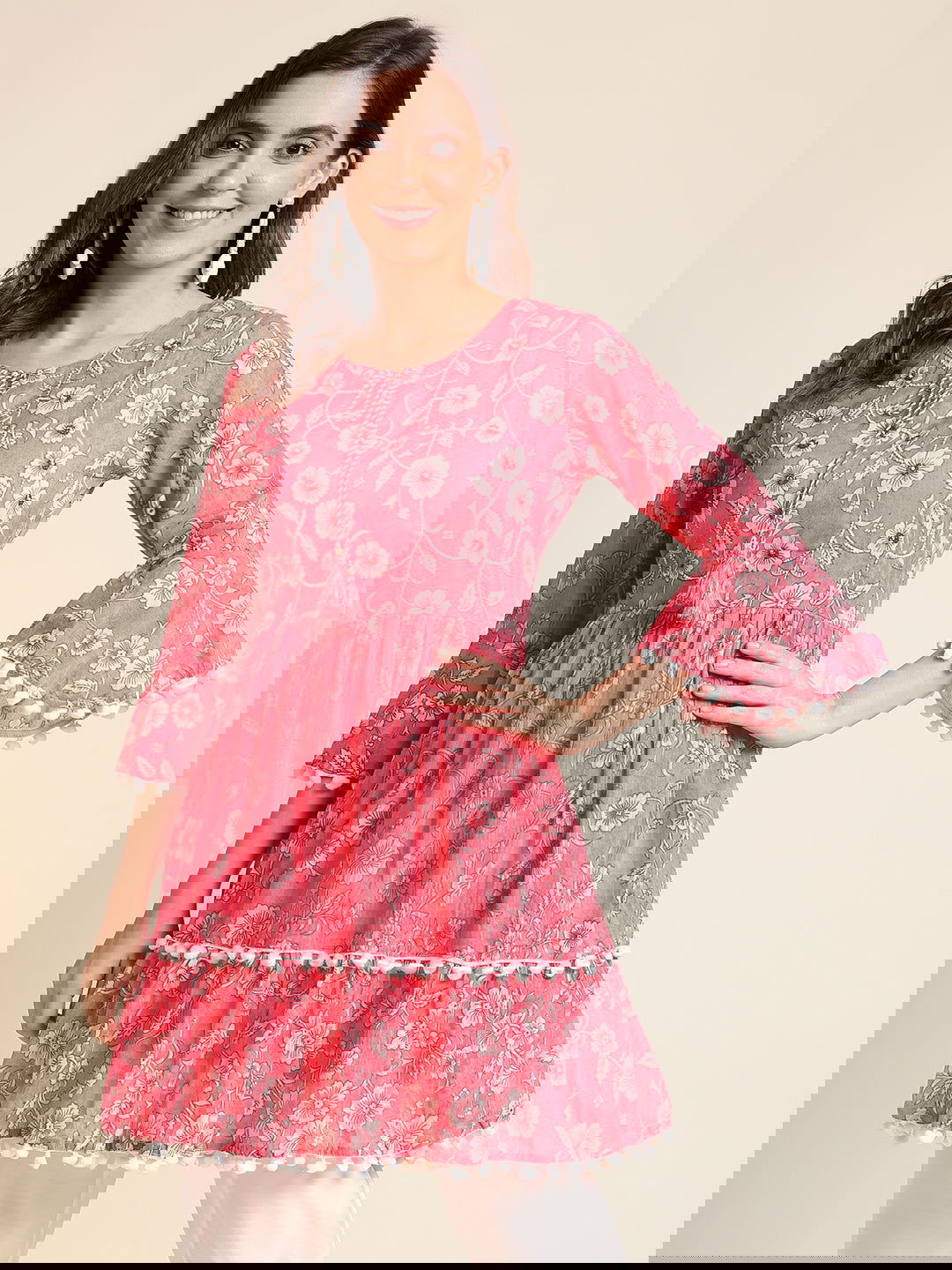 Pink & White Floral Printed A-Line Kurta - Buy Best Ethnic Wear for Women & Girls | Daily Woman - 