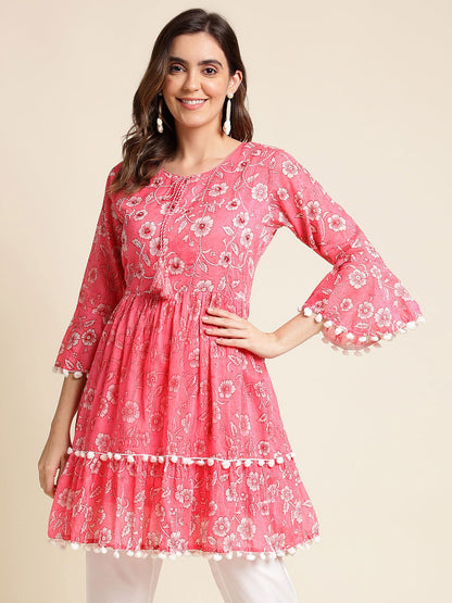 Pink & White Floral Printed A-Line Kurta - Buy Best Ethnic Wear for Women & Girls | Daily Woman - 