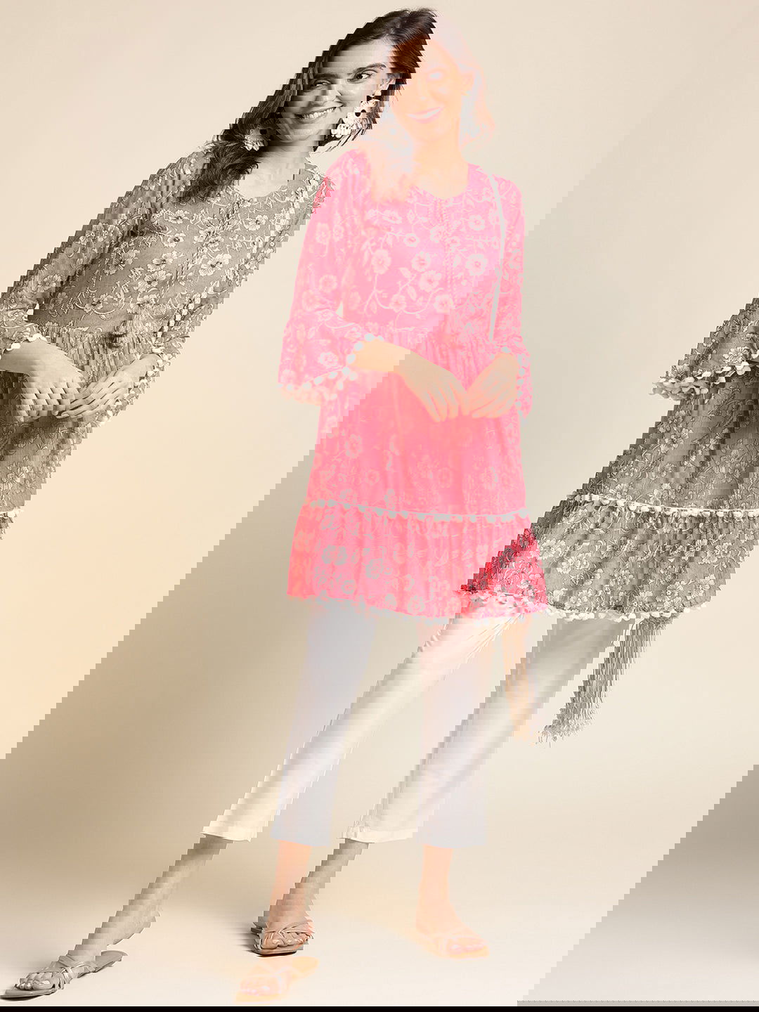 Pink & White Floral Printed A-Line Kurta - Buy Best Ethnic Wear for Women & Girls | Daily Woman - 