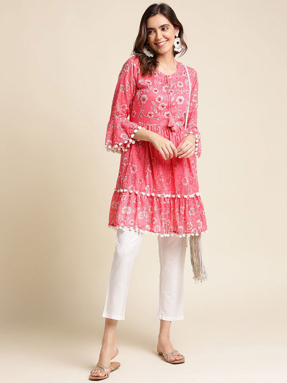 Pink & White Floral Printed A-Line Kurta - Buy Best Ethnic Wear for Women & Girls | Daily Woman - 