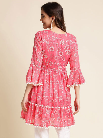 Pink & White Floral Printed A-Line Kurta - Buy Best Ethnic Wear for Women & Girls | Daily Woman - 