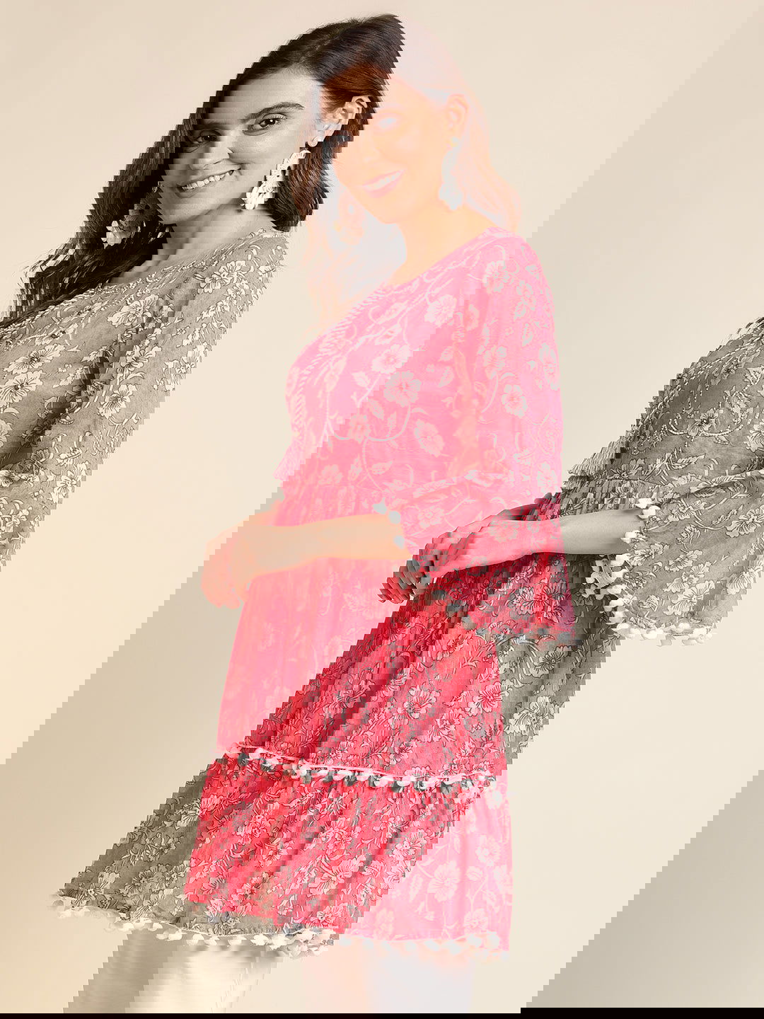 Pink & White Floral Printed A-Line Kurta - Buy Best Ethnic Wear for Women & Girls | Daily Woman - 
