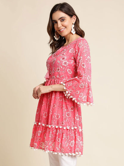 Pink & White Floral Printed A-Line Kurta - Buy Best Ethnic Wear for Women & Girls | Daily Woman - 