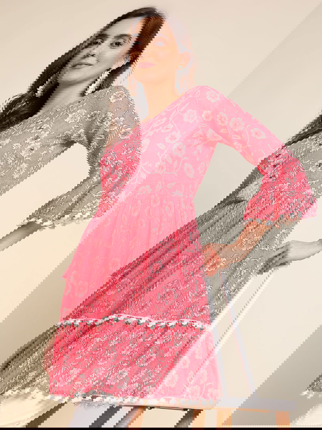 Pink & White Floral Printed A-Line Kurta - Buy Best Ethnic Wear for Women & Girls | Daily Woman - 