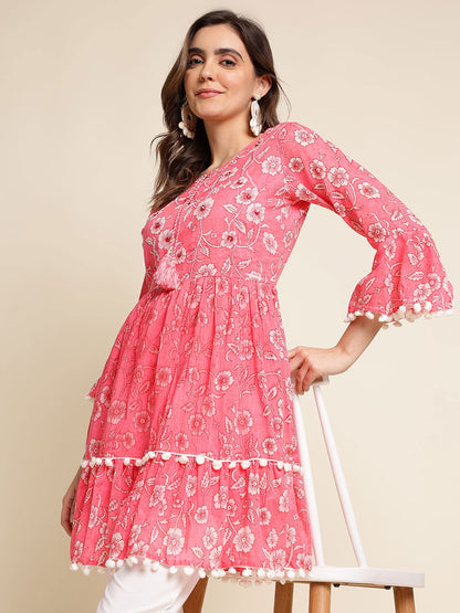 Pink & White Floral Printed A-Line Kurta - Buy Best Ethnic Wear for Women & Girls | Daily Woman - 
