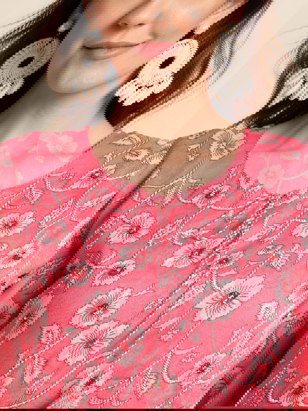 Pink & White Floral Printed A-Line Kurta - Buy Best Ethnic Wear for Women & Girls | Daily Woman - 