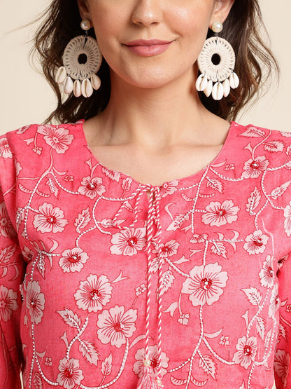 Pink & White Floral Printed A-Line Kurta - Buy Best Ethnic Wear for Women & Girls | Daily Woman - 