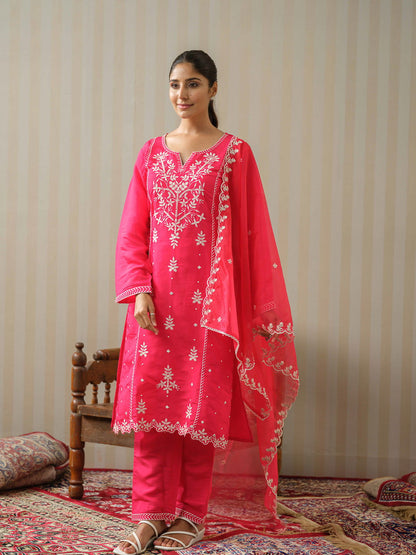 Pink & White Woven Design Embroidered Straight Kurta and Trousers With Dupatta - Buy Best Ethnic Wear for Women & Girls | Daily Woman - 