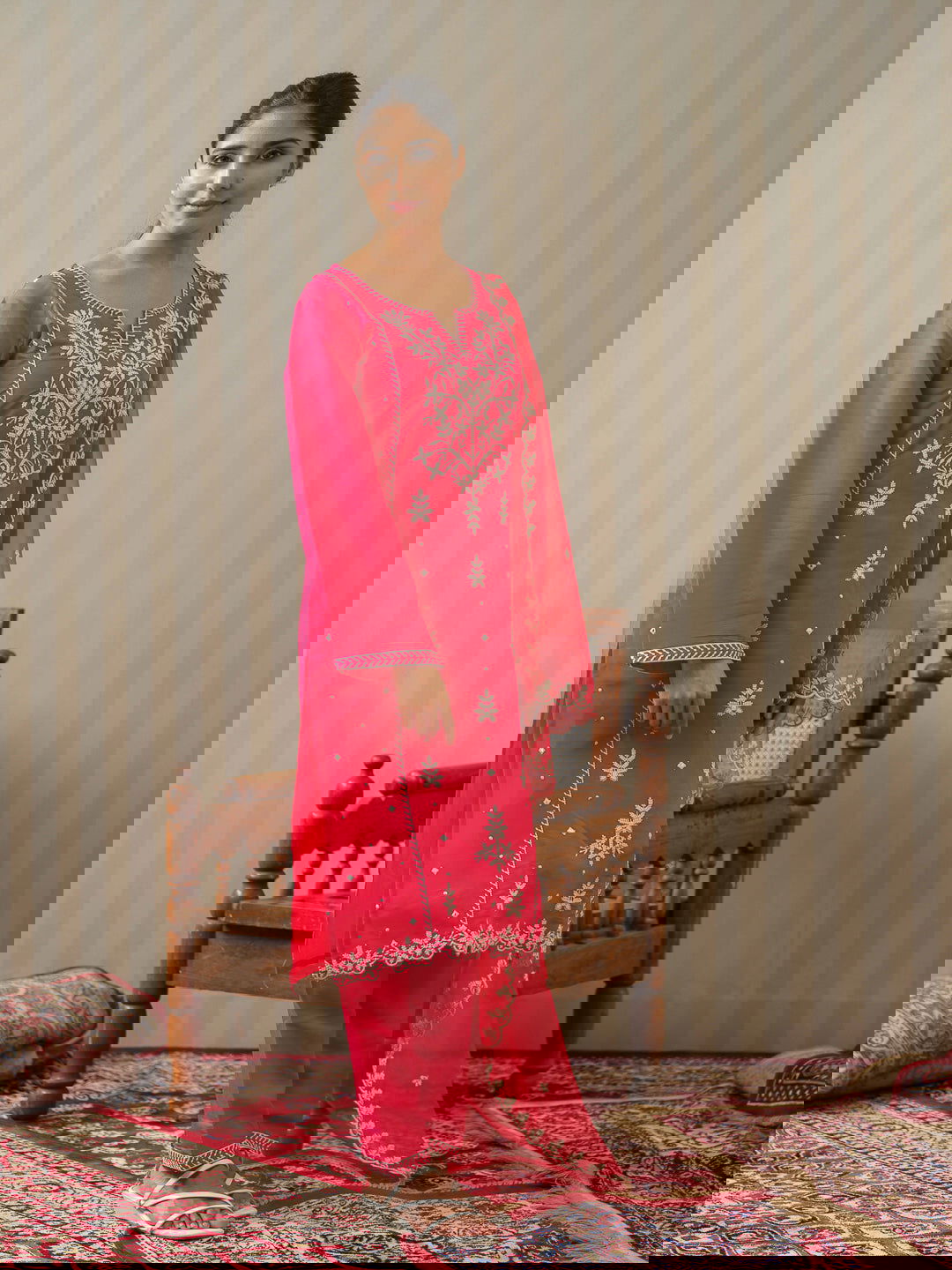 Pink & White Woven Design Embroidered Straight Kurta and Trousers With Dupatta - Buy Best Ethnic Wear for Women & Girls | Daily Woman - 
