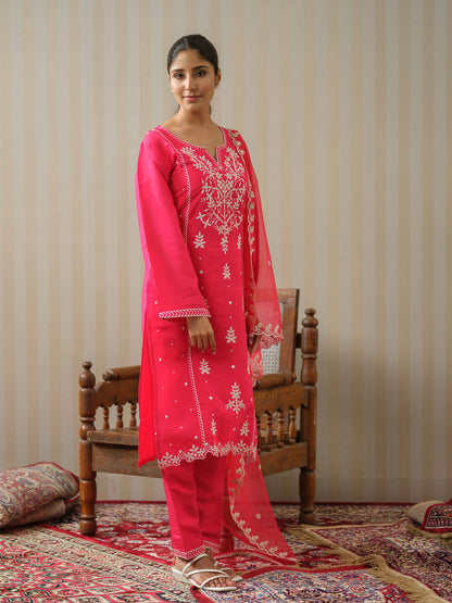 Pink & White Woven Design Embroidered Straight Kurta and Trousers With Dupatta - Buy Best Ethnic Wear for Women & Girls | Daily Woman - 