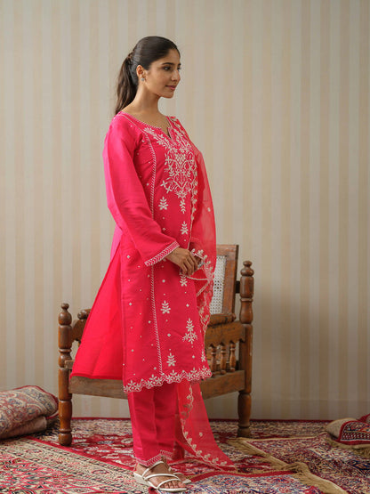 Pink & White Woven Design Embroidered Straight Kurta and Trousers With Dupatta - Buy Best Ethnic Wear for Women & Girls | Daily Woman - 