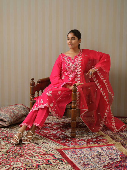Pink & White Woven Design Embroidered Straight Kurta and Trousers With Dupatta - Buy Best Ethnic Wear for Women & Girls | Daily Woman - 