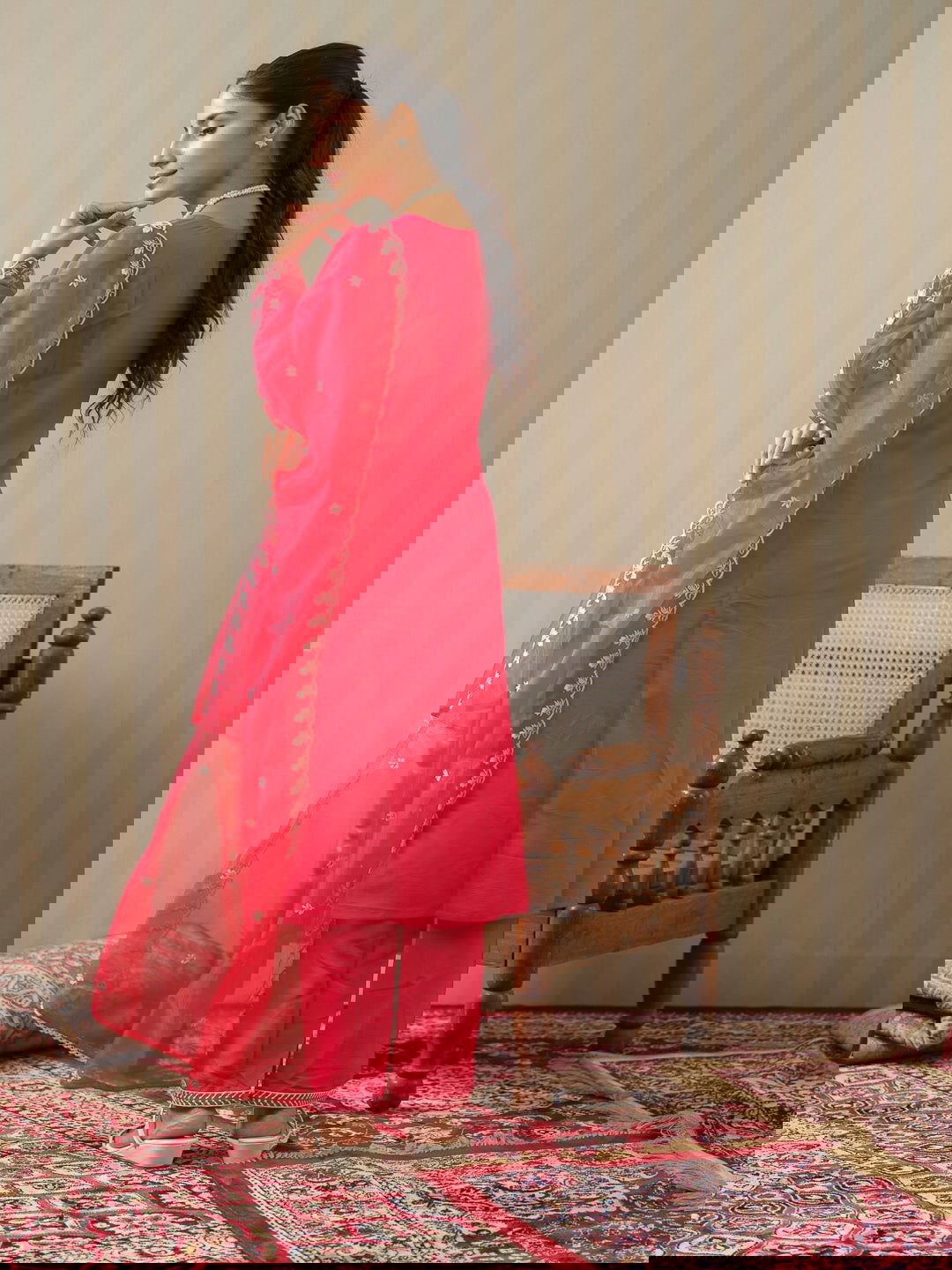 Pink & White Woven Design Embroidered Straight Kurta and Trousers With Dupatta - Buy Best Ethnic Wear for Women & Girls | Daily Woman - 