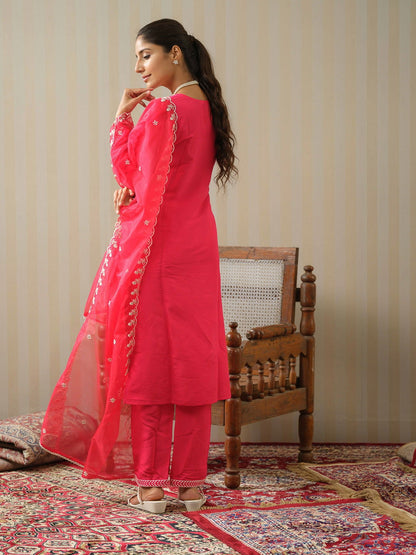 Pink & White Woven Design Embroidered Straight Kurta and Trousers With Dupatta - Buy Best Ethnic Wear for Women & Girls | Daily Woman - 