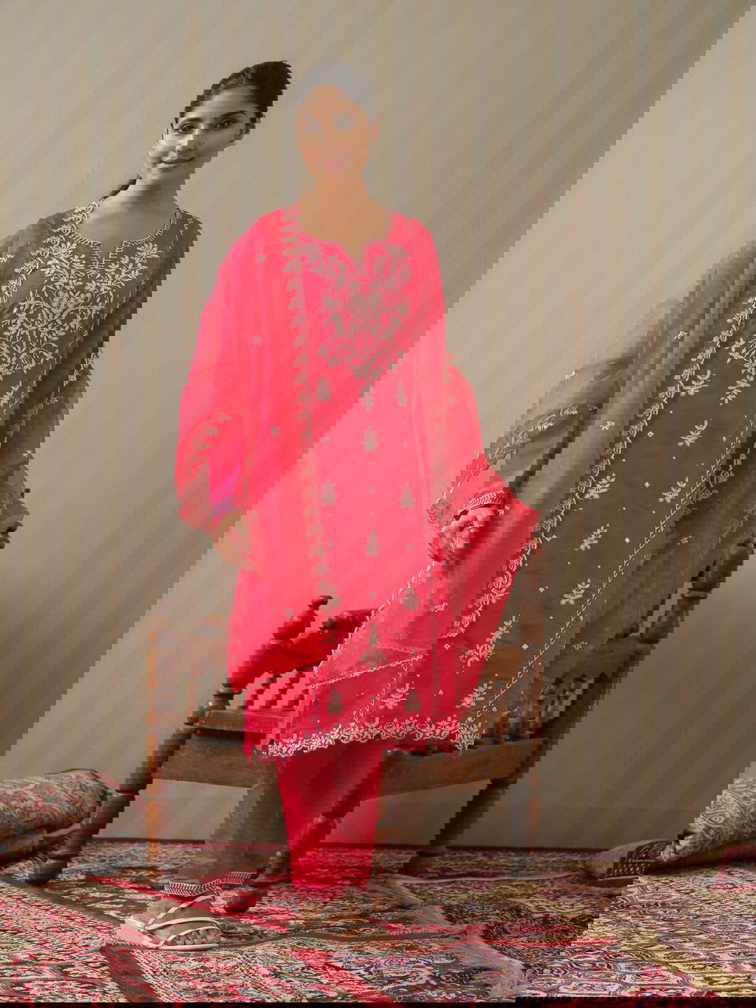 Pink & White Woven Design Embroidered Straight Kurta and Trousers With Dupatta - Buy Best Ethnic Wear for Women & Girls | Daily Woman - 