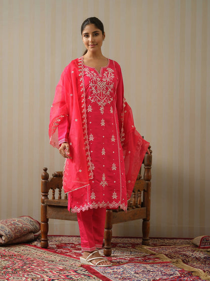 Pink & White Woven Design Embroidered Straight Kurta and Trousers With Dupatta - Buy Best Ethnic Wear for Women & Girls | Daily Woman - 