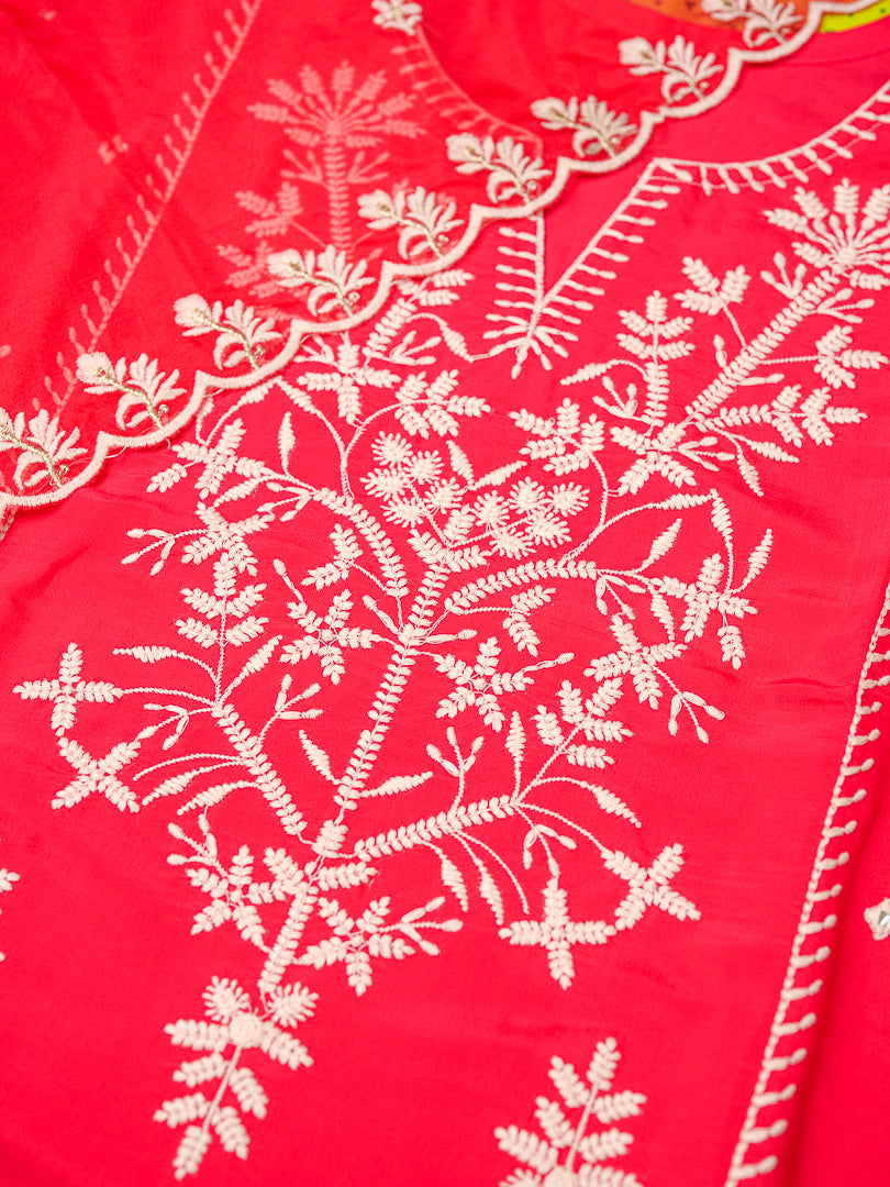 Pink & White Woven Design Embroidered Straight Kurta and Trousers With Dupatta - Buy Best Ethnic Wear for Women & Girls | Daily Woman - 