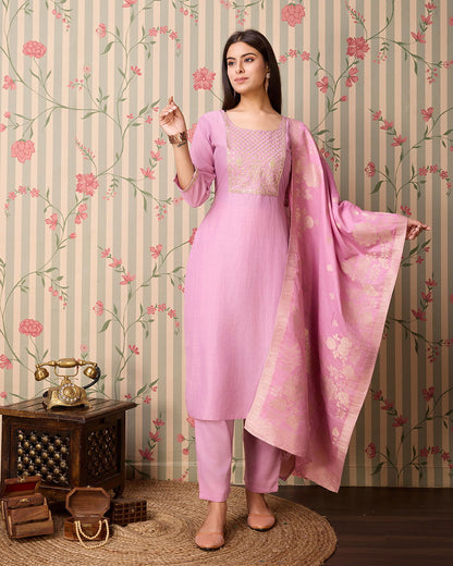 Pink Woven Design Yoke Design Straight Kurta Trousers With Dupatta - Buy Best Ethnic Wear for Women & Girls | Daily Woman - 