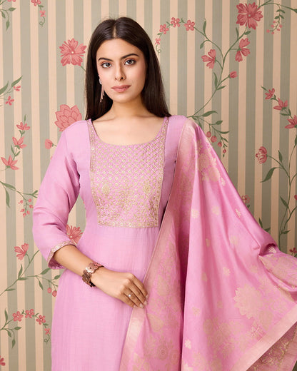 Pink Woven Design Yoke Design Straight Kurta Trousers With Dupatta - Buy Best Ethnic Wear for Women & Girls | Daily Woman - 