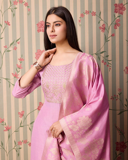 Pink Woven Design Yoke Design Straight Kurta Trousers With Dupatta - Buy Best Ethnic Wear for Women & Girls | Daily Woman - 