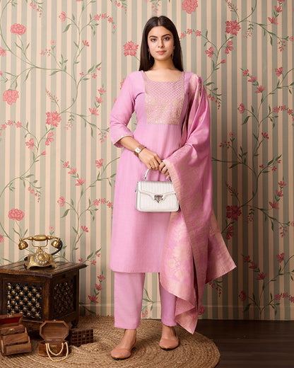 Pink Woven Design Yoke Design Straight Kurta Trousers With Dupatta - Buy Best Ethnic Wear for Women & Girls | Daily Woman - 