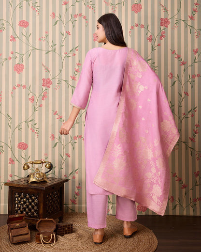 Pink Woven Design Yoke Design Straight Kurta Trousers With Dupatta - Buy Best Ethnic Wear for Women & Girls | Daily Woman - 