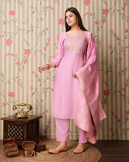 Pink Woven Design Yoke Design Straight Kurta Trousers With Dupatta - Buy Best Ethnic Wear for Women & Girls | Daily Woman - 