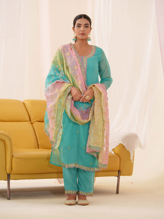 Poly Organza Blue Color Embroidered Kurta With Trousers & Dupatta - Buy Best Ethnic Wear for Women & Girls | Daily Woman - 