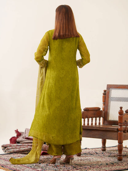 Poly Organza Green  Color Woven Design Kurta With Trousers & Dupatta - Buy Best Ethnic Wear for Women & Girls | Daily Woman - 
