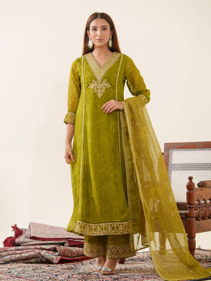 Poly Organza Green  Color Woven Design Kurta With Trousers & Dupatta - Buy Best Ethnic Wear for Women & Girls | Daily Woman - 