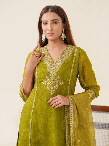 Poly Organza Green  Color Woven Design Kurta With Trousers & Dupatta - Buy Best Ethnic Wear for Women & Girls | Daily Woman - 