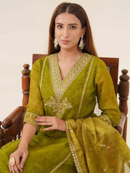 Poly Organza Green  Color Woven Design Kurta With Trousers & Dupatta - Buy Best Ethnic Wear for Women & Girls | Daily Woman - 