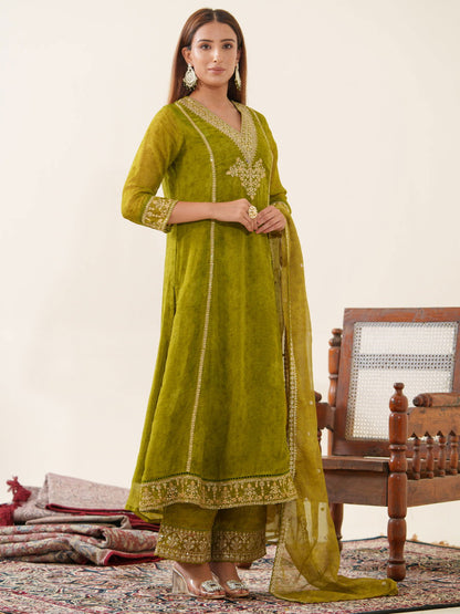 Poly Organza Green  Color Woven Design Kurta With Trousers & Dupatta - Buy Best Ethnic Wear for Women & Girls | Daily Woman - 