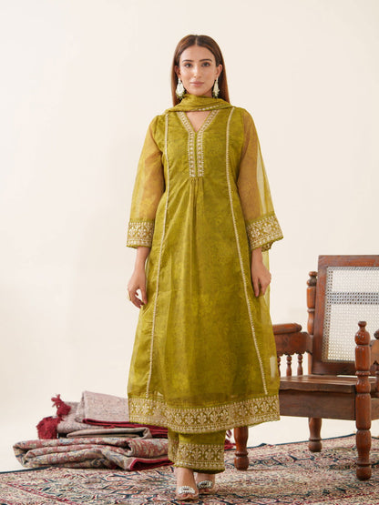 Poly Organza Green Color Woven Design Kurta With Trousers & Dupatta - Buy Best Ethnic Wear for Women & Girls | Daily Woman - 