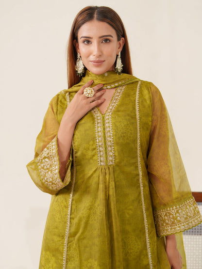 Poly Organza Green Color Woven Design Kurta With Trousers & Dupatta - Buy Best Ethnic Wear for Women & Girls | Daily Woman - 