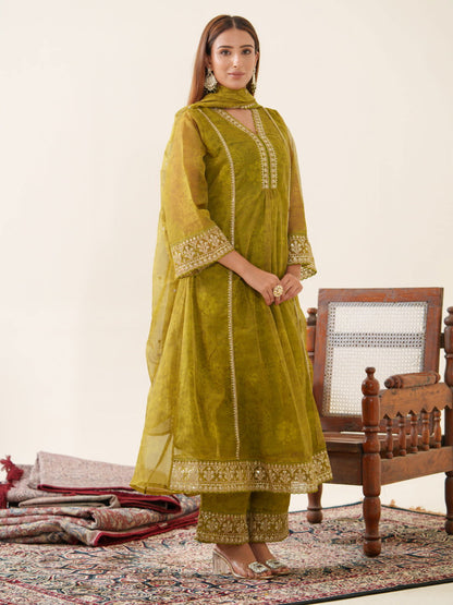 Poly Organza Green Color Woven Design Kurta With Trousers & Dupatta - Buy Best Ethnic Wear for Women & Girls | Daily Woman - 