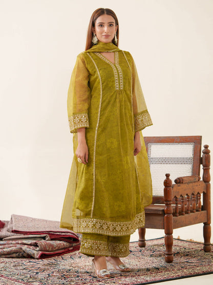 Poly Organza Green Color Woven Design Kurta With Trousers & Dupatta - Buy Best Ethnic Wear for Women & Girls | Daily Woman - 