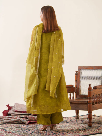 Poly Organza Green Color Woven Design Kurta With Trousers & Dupatta - Buy Best Ethnic Wear for Women & Girls | Daily Woman - 