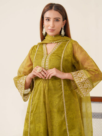 Poly Organza Green Color Woven Design Kurta With Trousers & Dupatta - Buy Best Ethnic Wear for Women & Girls | Daily Woman - 